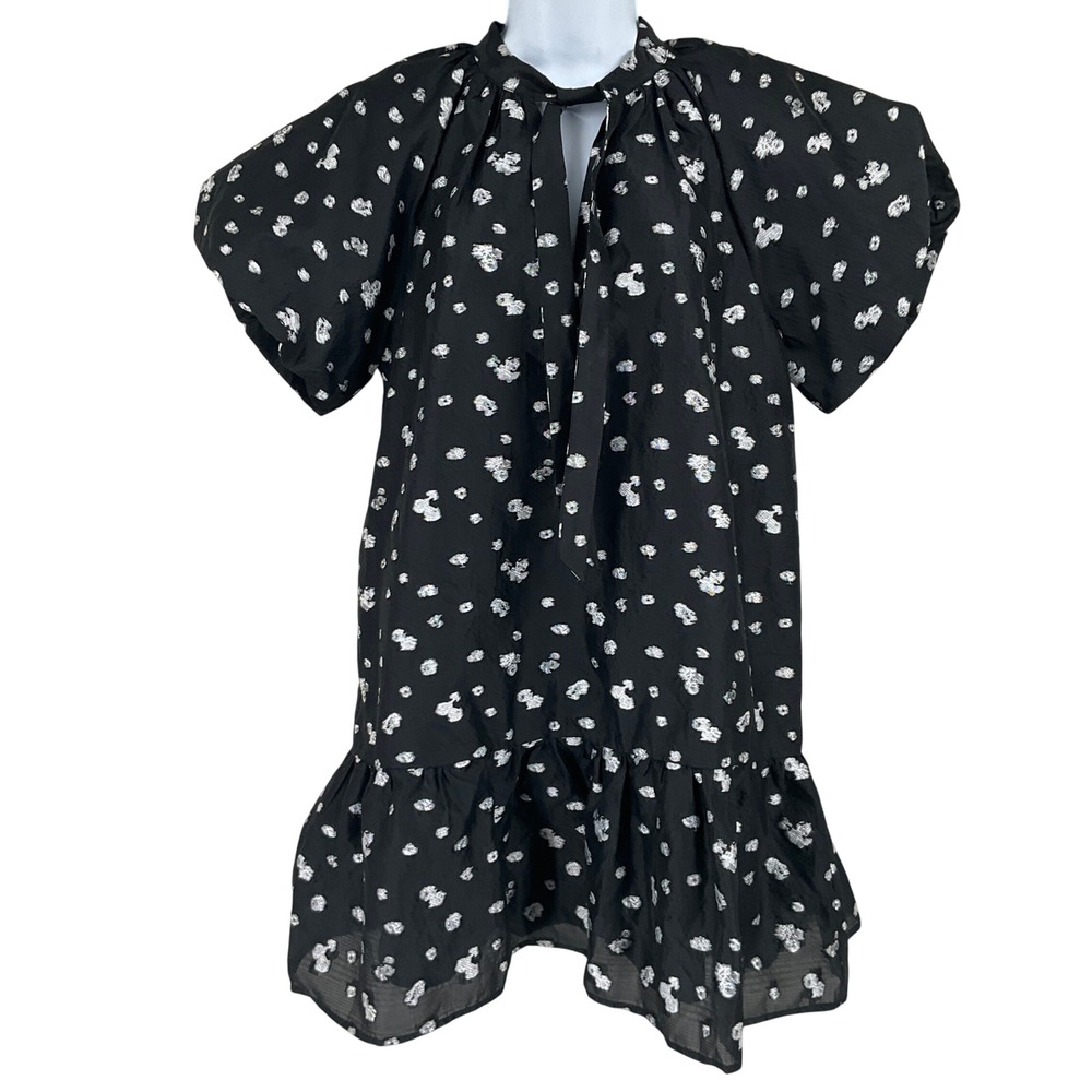 THML Dress Women M Black White Floral Puff Sleeve Peasant Ruffle Tiered Cottage